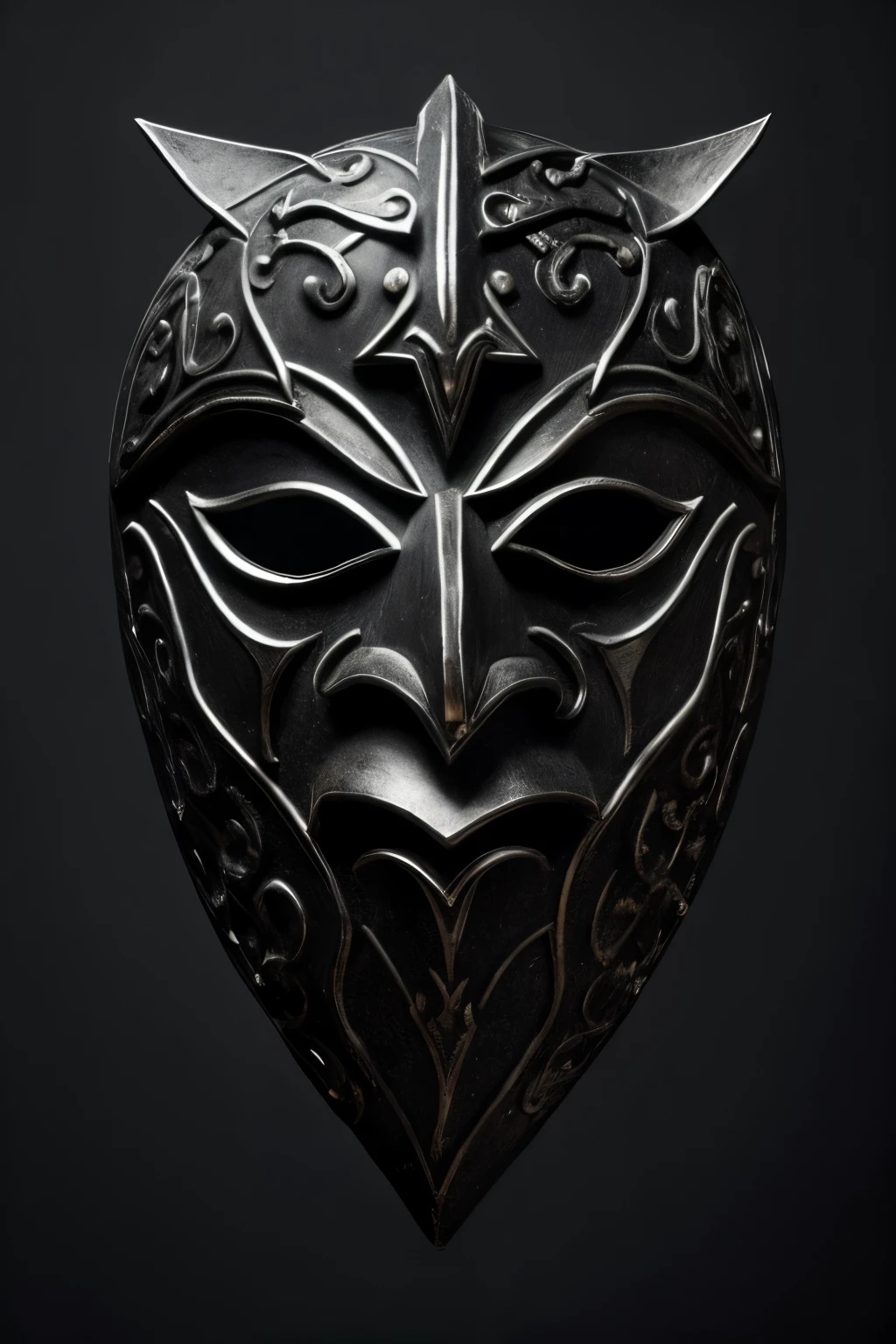 An ancient mask made of a black, ethereal material, with silver details that appear to move and change when observed. The mask has a terrifying expression and emits a low, ghostly whispering sound..