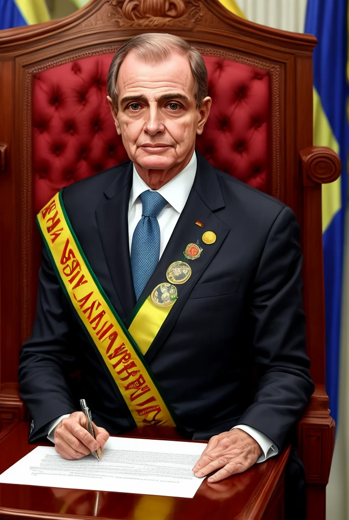 ((best quality)), ((masterpiece)), (detailed), perfect face, man, short black hair, 1 meter and 69 centimeters tall, as president of Brazil, Sitting in the presidential chair, signing laws, wearing the Brazilian presidential sash