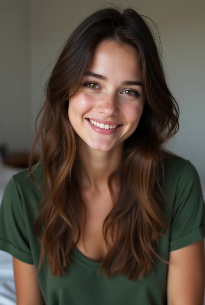 uma linda mulher de cabelo pstraight e longo e lisos de 28 anos, middle breast, sitting on the bed next to her friend, friend on top of a bed, tumblr, green shirt, brunette skin impecável, Perfect smile Vogue, Aleksandra Waliszewska, blue fair t-shirt, brunette skin, close up of a perfect thin boy&#39;s face, gray shirt , adriana chechik, soft glow, straight, Thick, adriana lima, Great quality