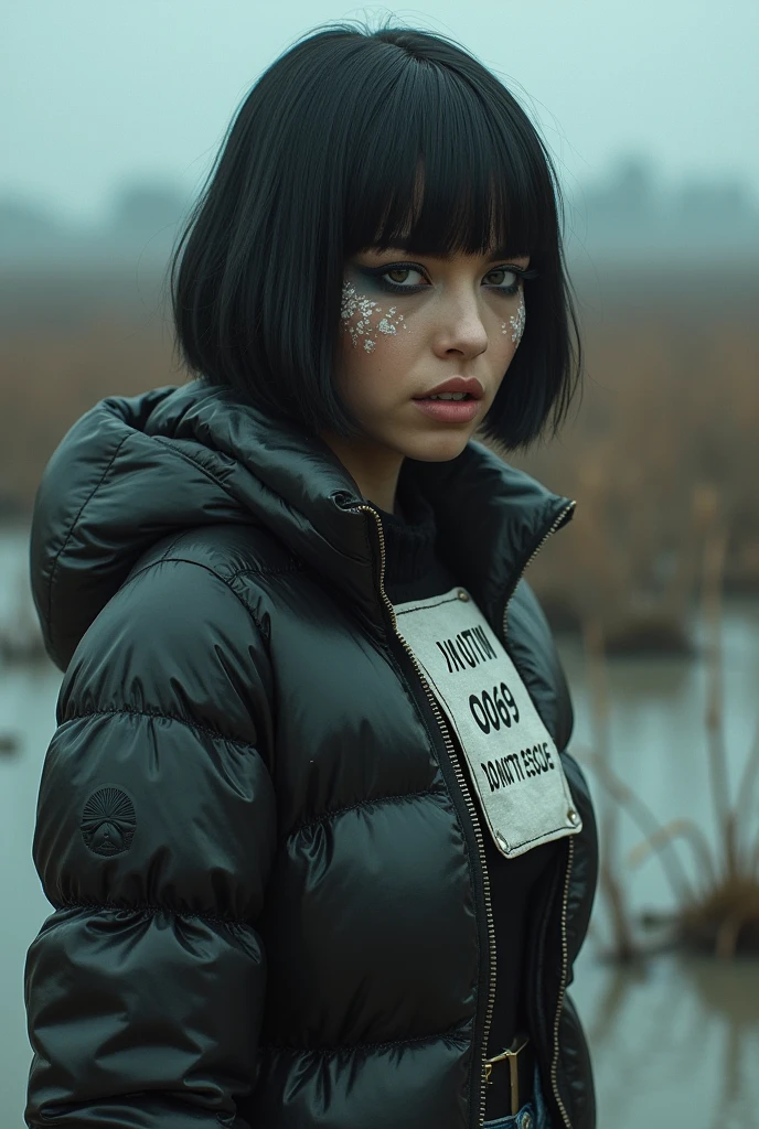 close-up,woman, bib "VICTIM 0069 DO NOT RESCUE", moncler ultra-short sporty collar only down jacket, flared jeans, stuck in mud bog,pale ethnic patterns ritual makeup, cold, red lips, sexy posing, bob haircut