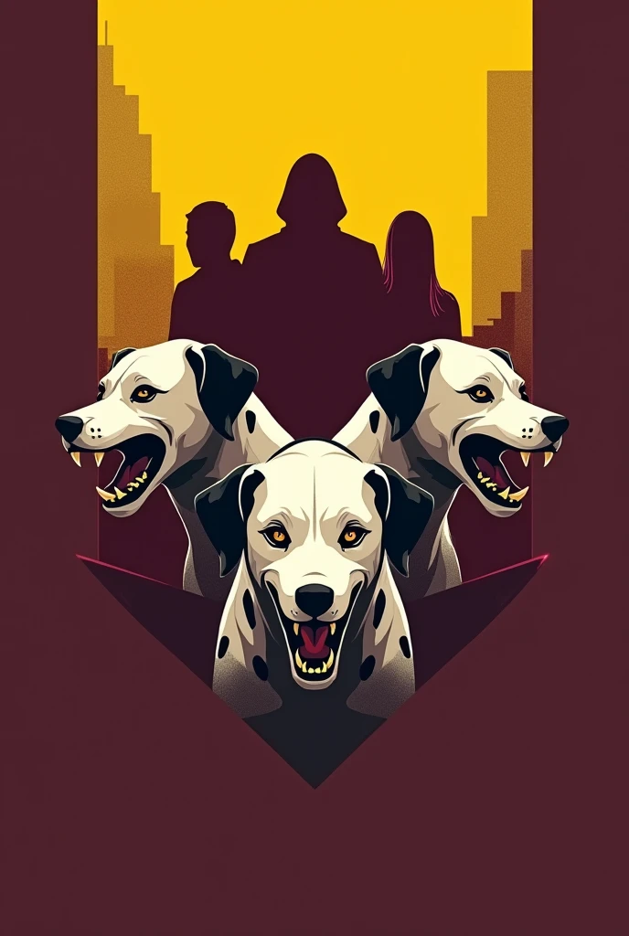 I want a minimalist team crest in burgundy and yellow colors, where 3 rabid Dalmatian dogs are integrated with 3 shadows of people behind them. In a cyberpunk style
