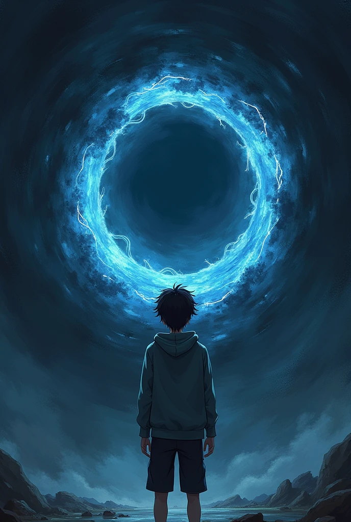 Anime character : Jack a 22 year old young guy standing in front of dark magical portal with curiosity