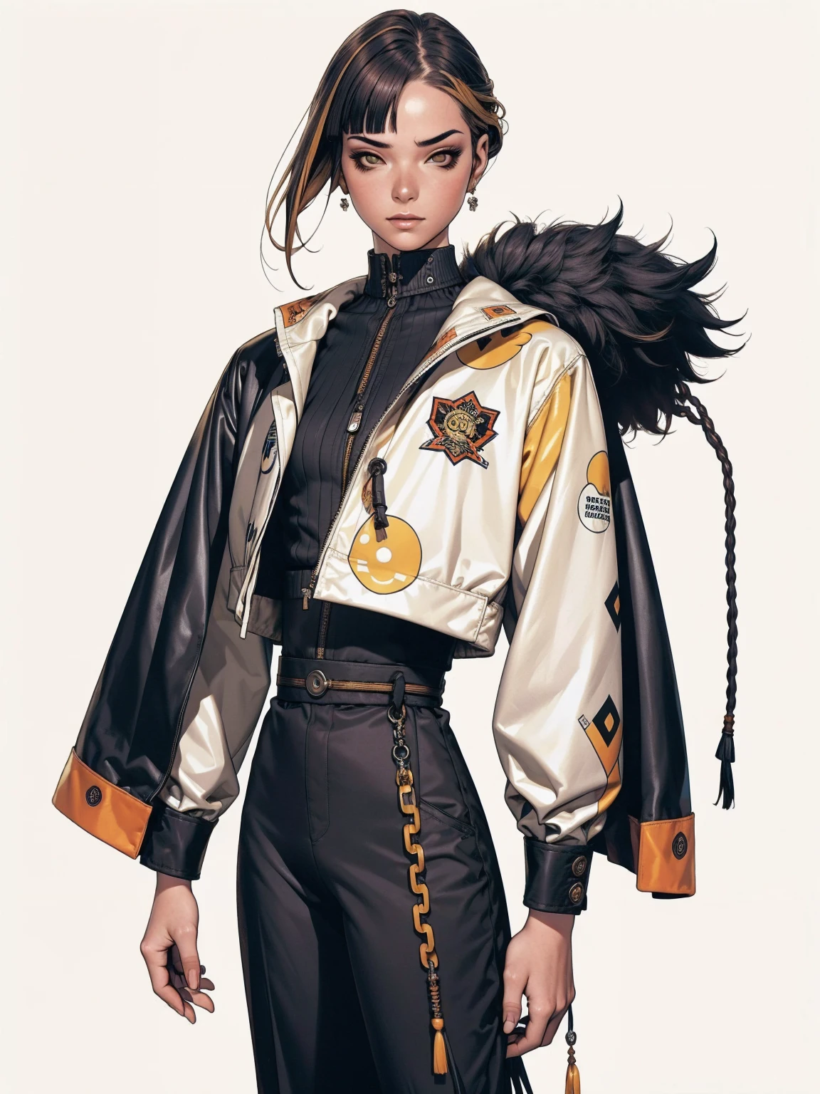 (best qualityer))), (((manga strokes))), (((black bob hair with straight bangs and yellow highlights))), (((wide pants with 2 side stripes))), uma Kizi jovem muito bem vestida com roupas modernas de inverno, top gift vertical stripes, short jacket with dark fur collar, beautiful and expressive face, slightly-smile, big eyes with long black eyelashes, heavy make-up, chains and zippers spread across clothes, contrasting colours, pose de atitude, hair with a modern and futuristic cut, urban game poster art, dramatic camera angles, graffiti art elements in the background, design mixing contemporary and retro by Shepard Fairey, (((cowboy shot))), (((best qualityer: 1.4))), (Unbeatable masterpiece), (hiper HD),(CG 8k hyper-realistic), Kizi, (((standing alone))), pirralha violent, ((())), sexly, pose de atitude, work of art, post-apocalypse, (((manga style))), bounty hunter, violent, Manic, the way you want, slenderbody, thin but strong, perfectbody, roupa moderna, advanced technology, neon, sleeves with vertical striped pattern, neutral background, (( cowboy shot )). intricate visual