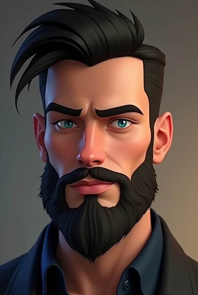 A very handsome white man like a model with a piercing heartthrob look, well-cut black hair and beard style 2024, blue colored eyes, seducing gaze, Disney Pixar character style, high qualiy, best qualityer