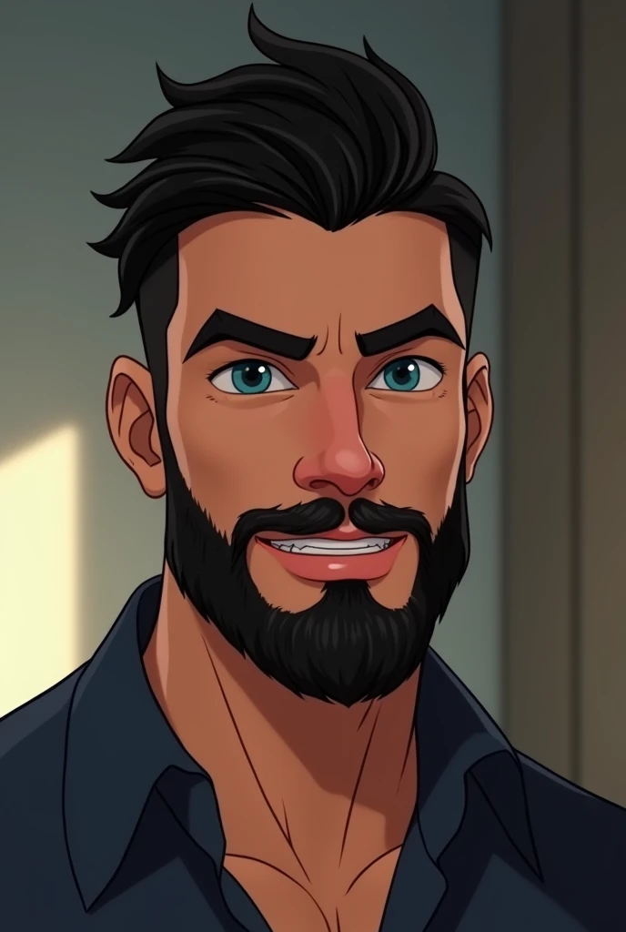 A very handsome white man like a model with a piercing heartthrob look, well-cut black hair and beard style 2024, blue colored eyes, seducing gaze, Disney Pixar character style, high qualiy, best qualityer 