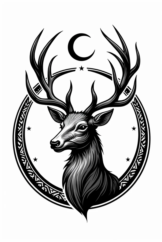 Goddess Artemis deer logo in mandala style with inverted crescent moon on top of antlers in black and white