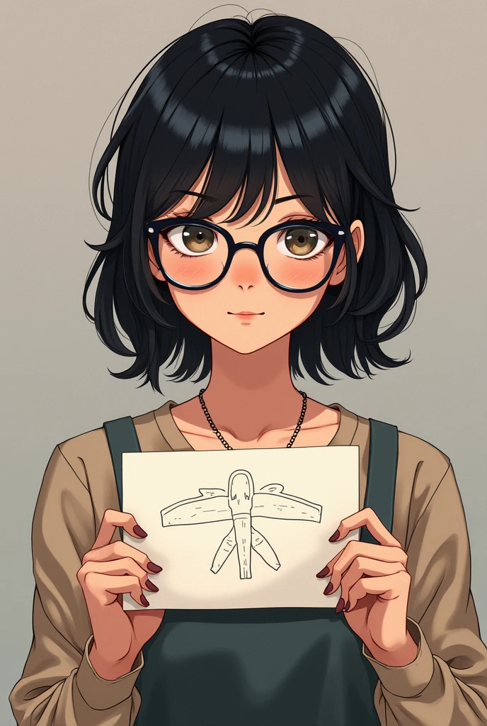 A black-haired woman with glasses holding a craft in the form of a drawing