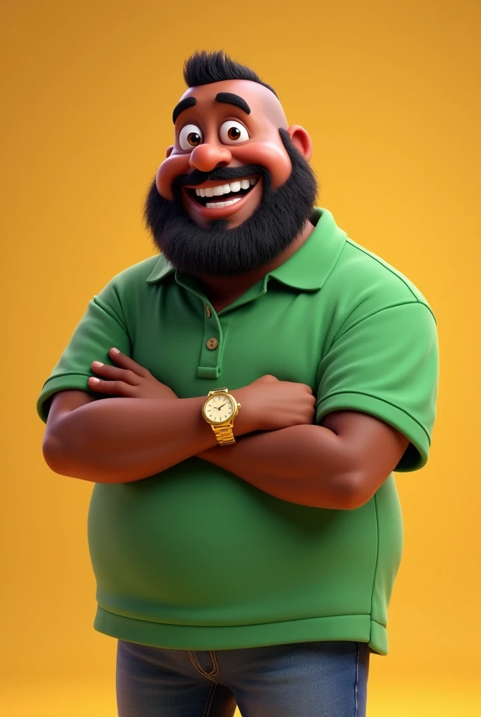 Create Disney Pixar style 3d poster, capturing man scene, with green polo shirt, jeans with crossed arms, golden watch, bearded, whisker, a little bald, brunette skin, Grinning, flat nose, big cheek, Round face, dark-skinned
