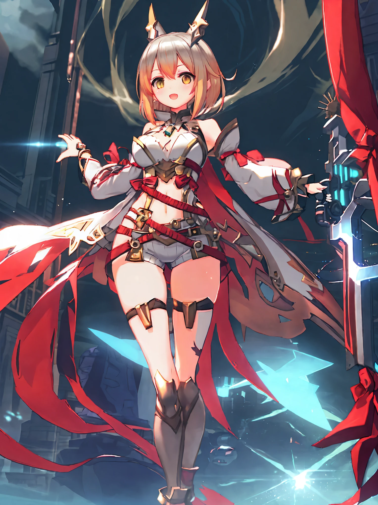 fantasy, 1devil_girl, low_, platina_blond_hair,long_bangs,, bare_shoulder, navel out, thighhighs,silver_armor, red_clothes,waist_armor, Glebe, hold_swords, large_breasts, dynamic_flying_pose,Floating,(pelvic_curtain:1.3), silver_Headgear ,looking_down_at_sunrise_city_sky_background,,slightly_spread_legs, some_swords,some_swords_floating_around_the_girl,solo,horn ,smile,,open_legs,open_arms,rise_knee,rise_leg,rise_thigh,rise_leg,forward_leaning_posture,apart_legs,fang,Shiny_gold_eyes,crotch