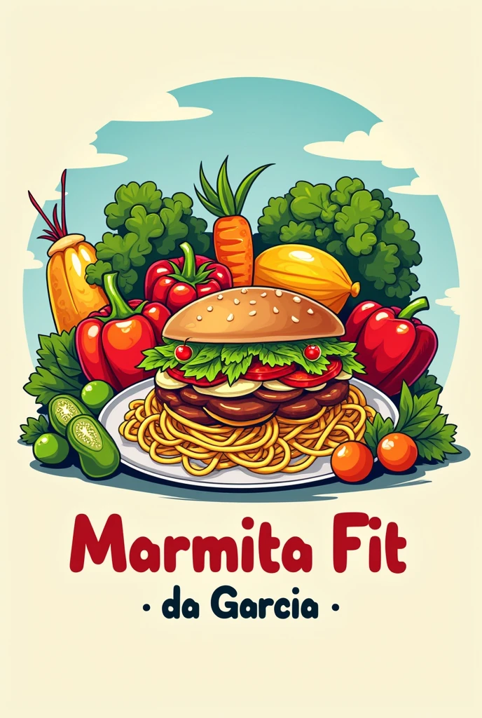 Create a logo for me that grabs attention because the food is delicious! will be written (Marmita Fit da Garcia's) very colorful! with vegetables, vegetables and pasta in the picture!