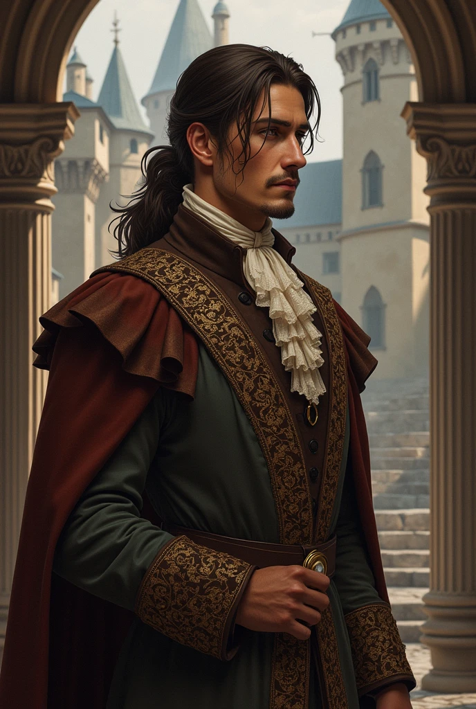 A man with brown hair tied in a low ponytail thrown over his shoulder, brown eyes with a monocle, dressed in medieval era clothing. 