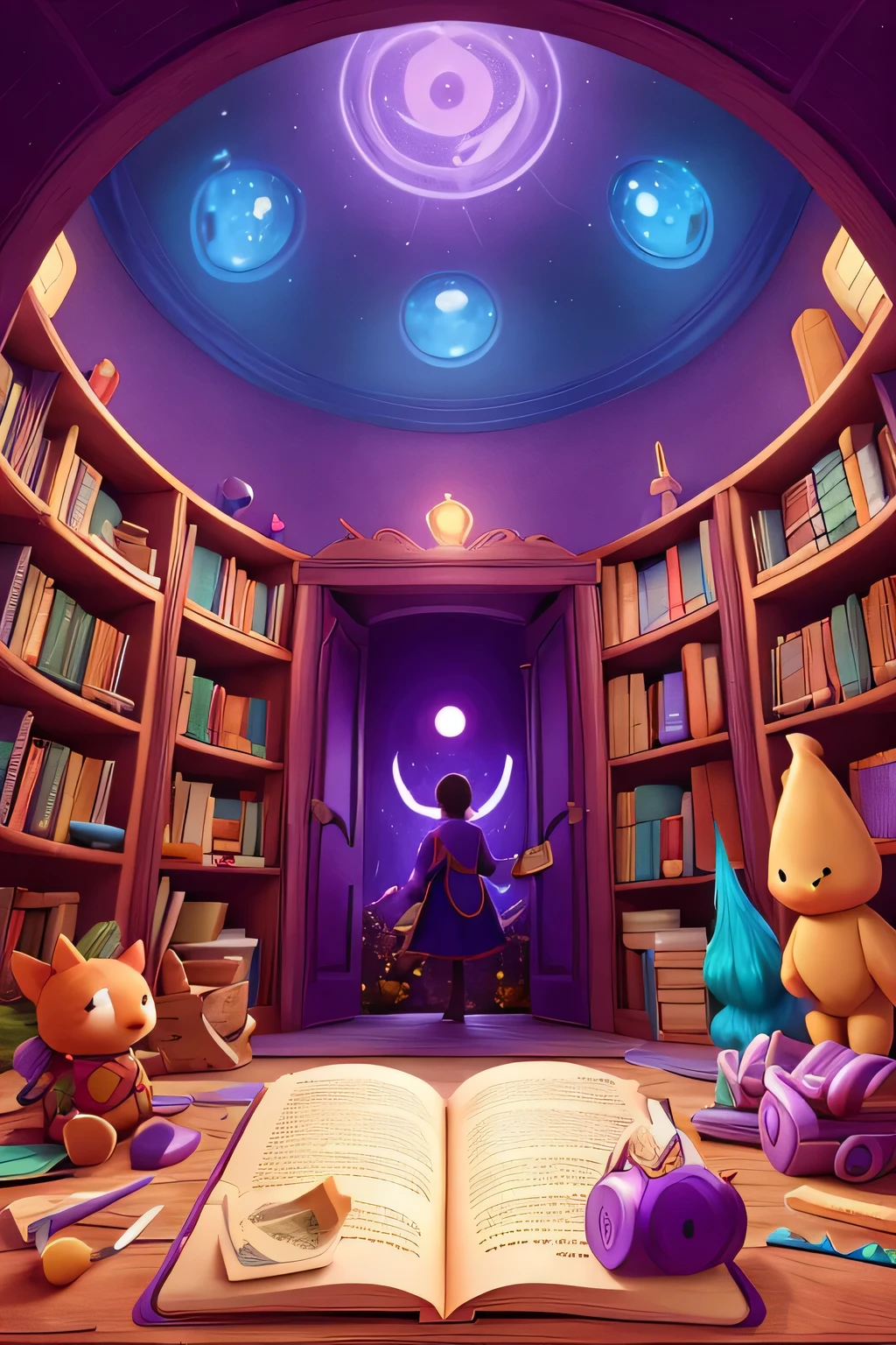 Illustration of a magical book opening, with colorful characters and scenes spilling out ,\purple