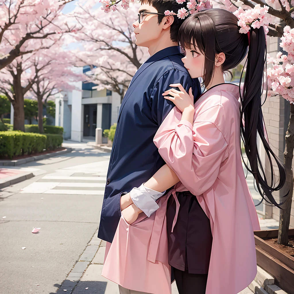 girl and guy hugging, against the background of sakura, anime style 