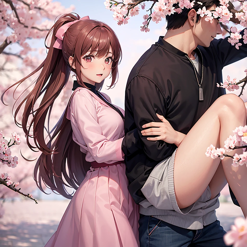 girl and guy hugging, against the background of sakura, anime style