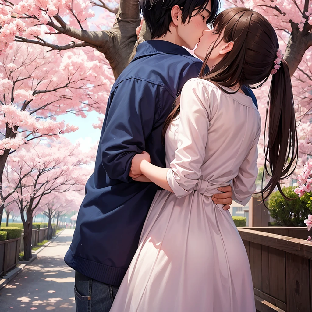 girl and guy hugging, against the background of sakura, anime style 