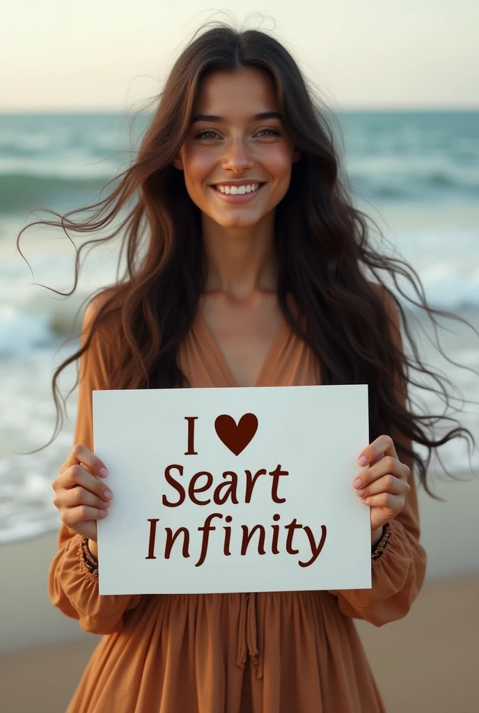 Beautiful girl with wavy long hair, bohemian dress, holding a white board with text "I Love Seaart Infinity" and showing it to the viewer