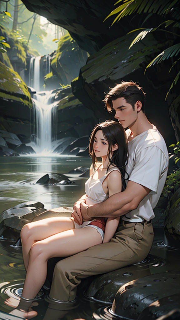 Romantic, intimate photograph featuring a couple seated on rocky terrain near a flowing stream. The woman, with long dark hair and fair skin and big hips, is wearing a white underwear and is seated on the man's lap. The man, with short light brown hair and fair skin, is shirtless and wearing dark swim trunks. They are embracing each other closely, with the woman gently holding the man's face and the man holding her waist. The background consists of large rocks and a small waterfall, creating a natural and serene setting. The overall tone of the image is warm and earthy, with soft lighting enhancing the intimate mood.