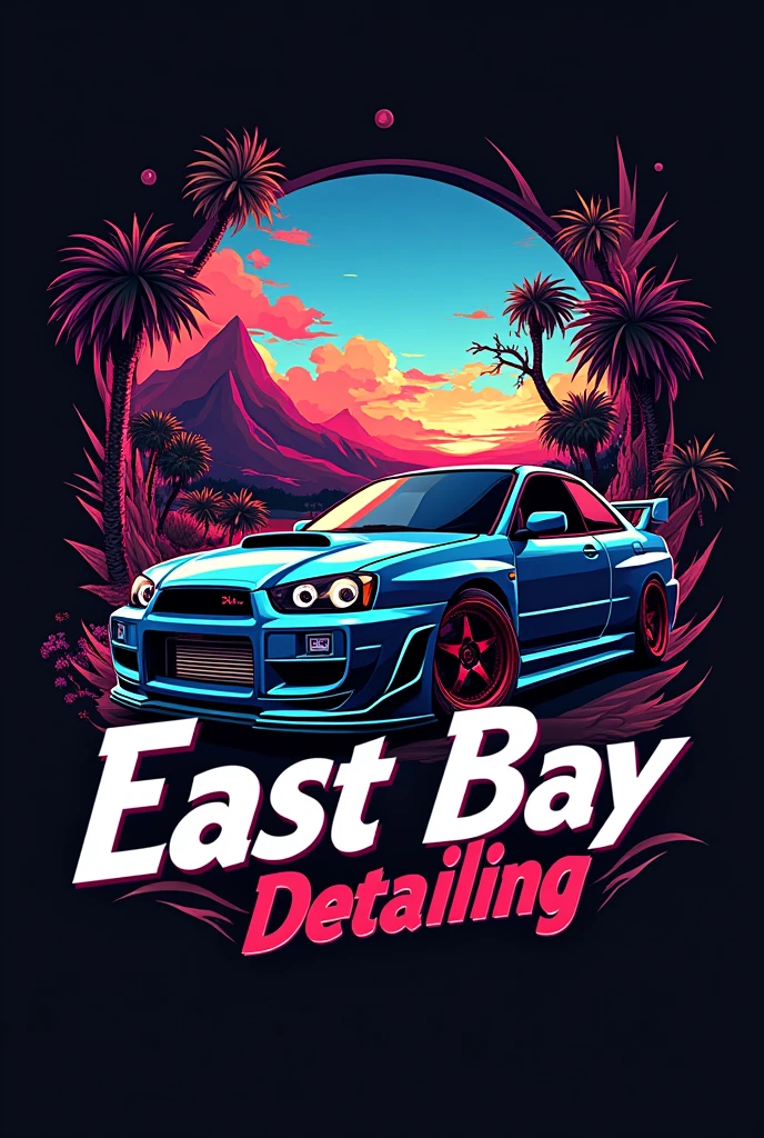 Logo “EastBayDetailing” Background East Bay with psychedelic colors, with JDM car