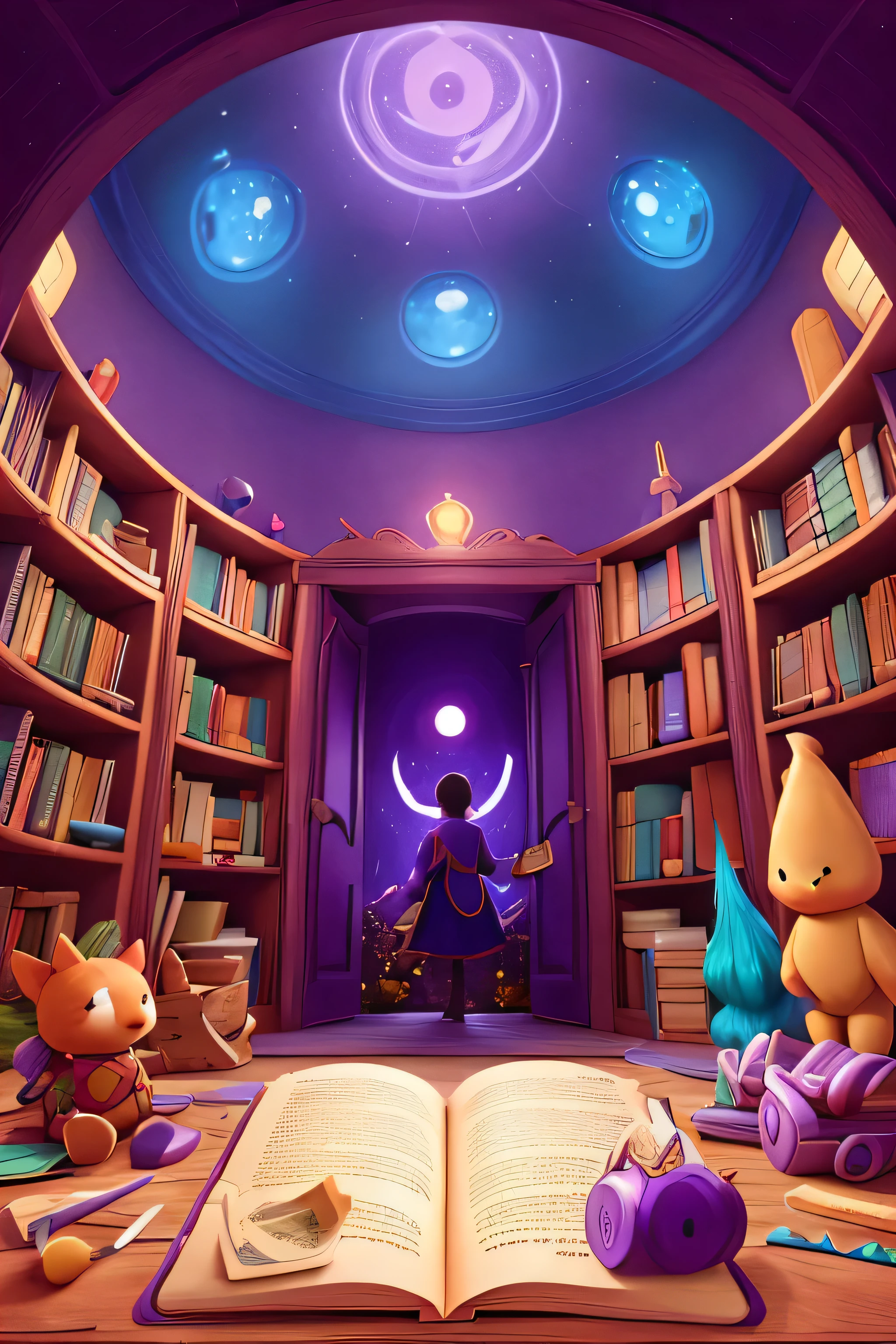 Illustration of a magical book opening, with colorful characters and scenes spilling out ,\purple