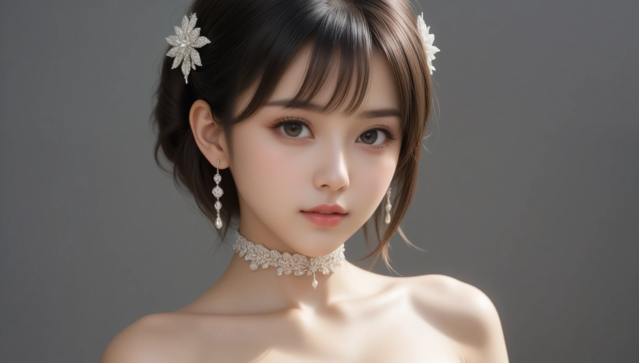 8k, Ultra-high resolution, Highest quality, masterpiece, 三分割法によるphotograph,Surreal, photograph, 1 Girl, (16 years old:1.3), pretty girl, Cute Face, 細部までBeautiful Eyes, 細かくdetailedに,masterpiece,One Girl:1.2,Japan Female Teachers,cowboy shot,Serious expression,Black Hair,Bowl cut,Super Beautiful Girl 4,((1 girl:1.4)),Shine, Natural skin texture、(Stylish clothes:1.4)、(The highest rank of ceremonial attire:1.4)、Formal wear,Attractive girl、16 years old、(Perfect female body:1.4)、(女の子のポートレートphotograph:1.4)、(Photorealistic images:1.4),Fantasy art,(Beautiful Face:1.4),Beautiful and attractive eyes、Beautiful Eyes、(Tight waist:1.4)、(9 Beautiful girls with perfect body proportions:1.4),Red lips,(choker:1.4、necklace:1.4、Earrings:1.4),Looking at the audience,(((Ideal body type))),A-cup small breasts :2,、Portraiture:2、Perfect Anatomy、鮮明なdetailed、detailed,Fashion magazine cover,Thin lips,Gray background ,完璧でBeautiful Face ,完璧でCute Face, Skin with attention to detail, Perfect limbs、Narrow waist,Looking at the audience,(((Ideal body type))),A cup small breasts :2,Portraiture:2,Perfect Anatomy,鮮明なdetailed,detailed,Surreal,Light and shadow,spotlight