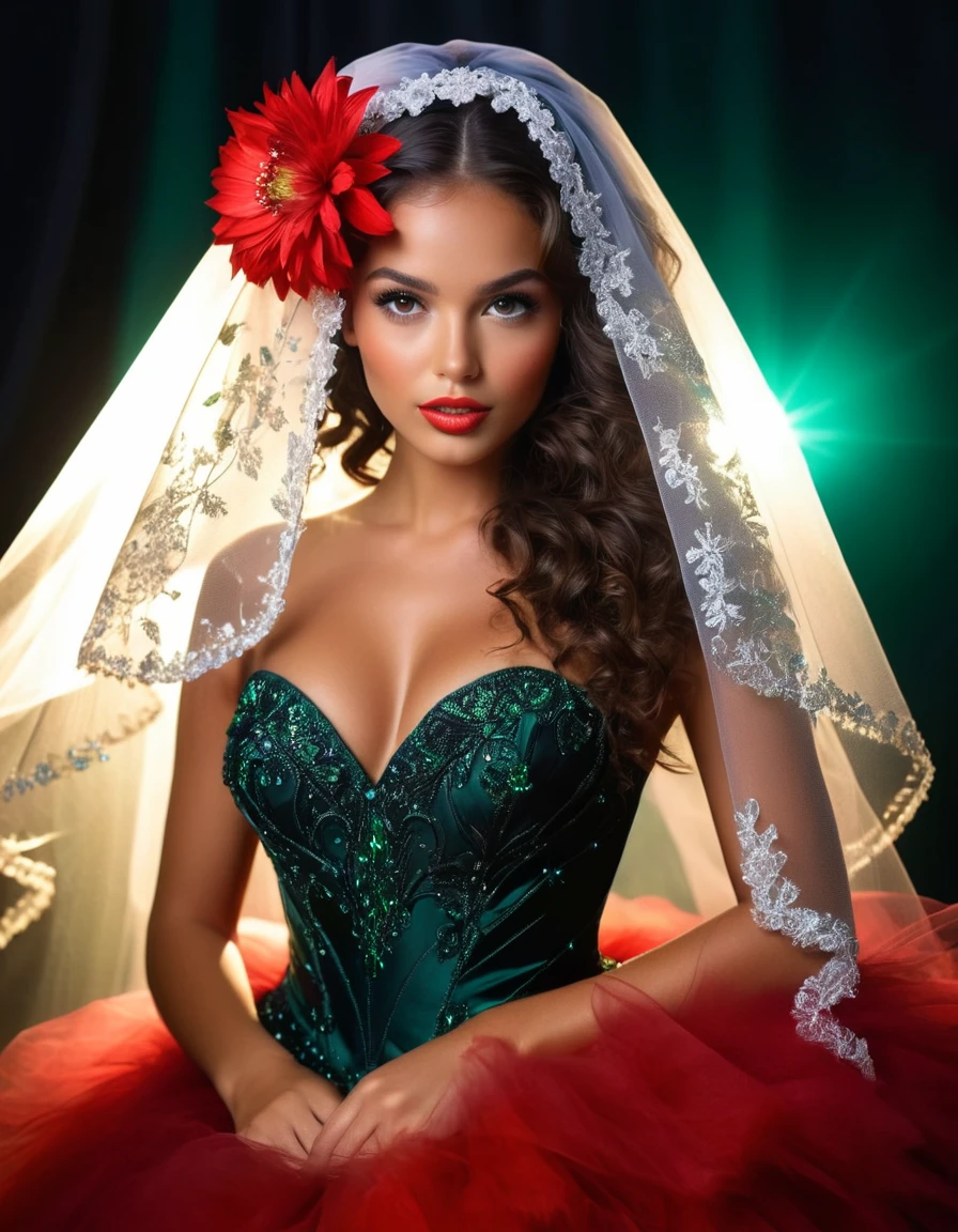 Beautiful girl, brunette, (((body from the knee up))), warm, slightly tanned skin, expressive face, crystal clear green eyes, detailed lashes and eyebrows, full red mouth, long curly black hair, dressed in the veil and dress detailed and intricate black on fine black tulle draped over the shoulders, profusion of delicate, iridescent and colorful crystal balls glued to the tulle and dress. Detailed studio dark background, red flowers, (((incidental white light in the hair))), image dazzles with beauty, in the highest quality, mesmerize, 8k, UHD.