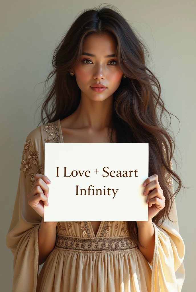 Beautiful girl with wavy long hair, bohemian dress, holding a white board with text "I Love Seaart Infinity" and showing it to the viewer