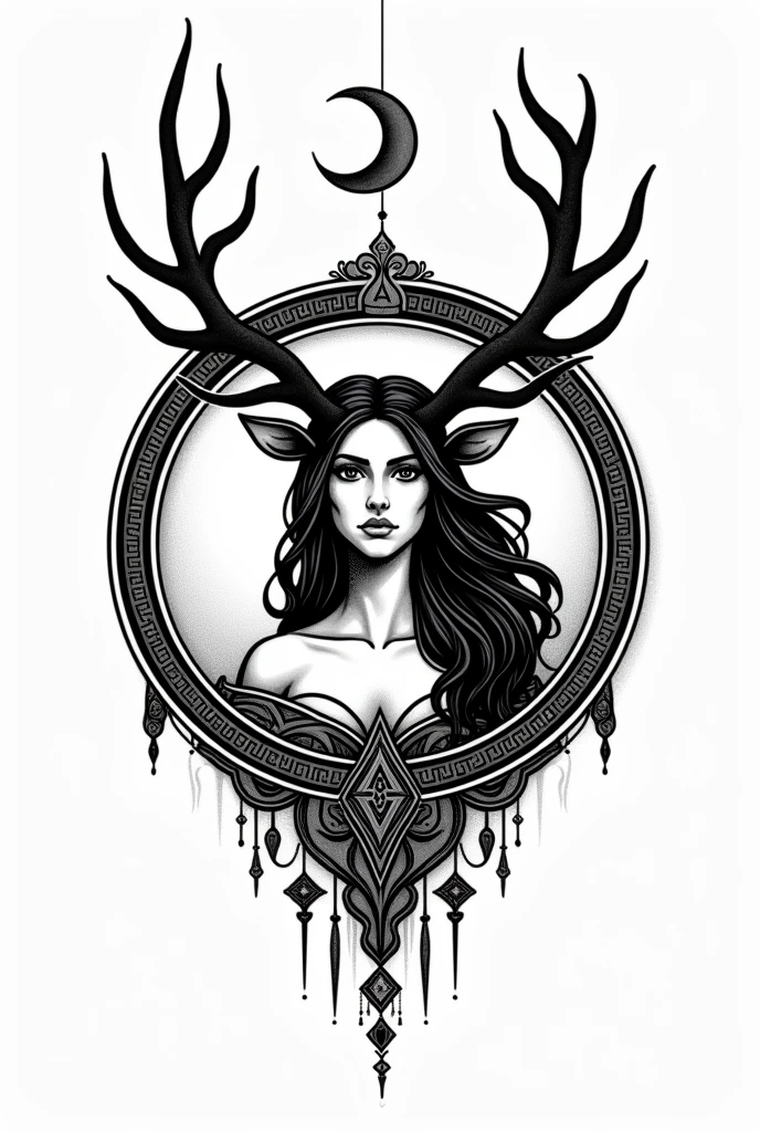 Goddess Artemis deer logo in mandala style with inverted crescent moon on top of antlers in black and white
