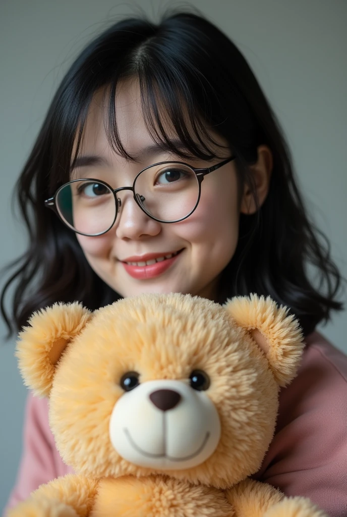 a woman with semi-long black hair wearing glasses holding a teddy bear
