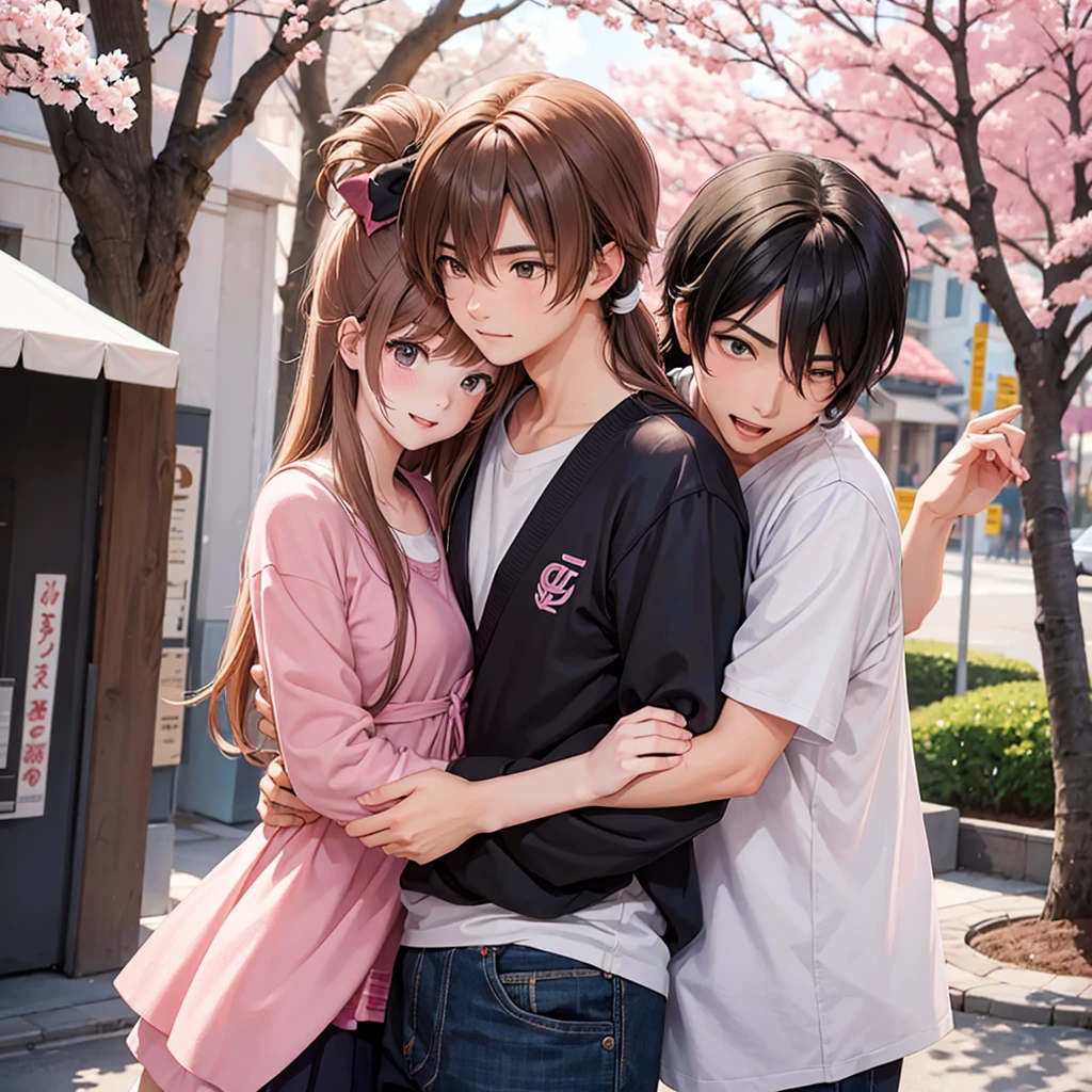 girl and guy hugging, against the background of sakura, anime style