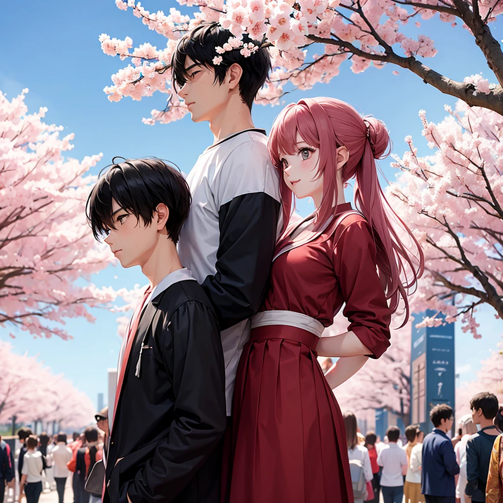 girl and guy hugging, against the background of sakura, anime style 