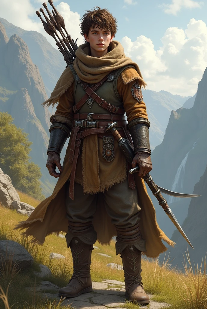 A 16 year old human hunter, of an RPG, peasant hero, with a short bow and a long sword, and a dagger, and dressed in leather armor,