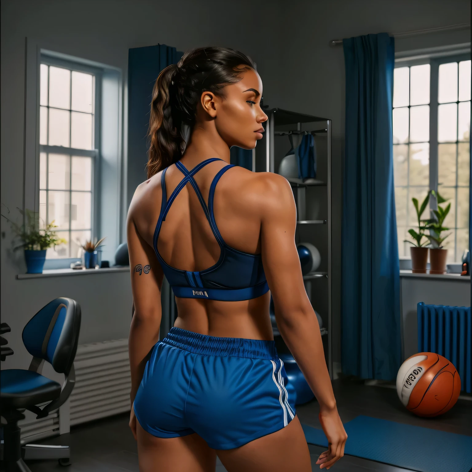 arafed woman in blue sports bra top and shorts standing in a room, sport bra and dark blue shorts, sport bra and shorts, from the back, toned derriere, back pose, view from behind, backview, view from the back, back light, seen from the back, sporty physique, fit girl, from back, fit woman