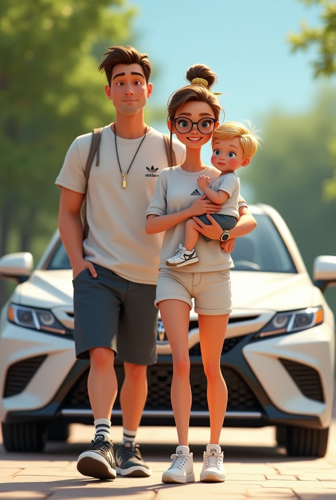 Animated Beautiful tall slim woman with white sweatshirt and shorts and Adidas tennis shoes with reading glasses, watch and hair with bow carrying chubby 3 year old boy with blond blue eyes along with a tall man with straight hair, Adidas shoes, Adidas shirt, in the background a white Toyota sedan car