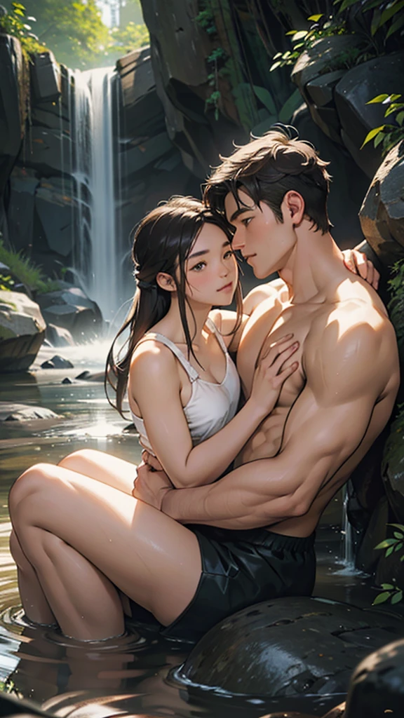 Romantic, intimate photograph featuring a couple seated on rocky terrain near a flowing stream. The woman, with long dark hair and fair skin and big hips, is wearing a white underwear and is seated on the man's lap. The man, with short light brown hair and fair skin, is shirtless and wearing dark swim trunks. They are embracing each other closely, with the woman gently holding the man's face and the man holding her waist. The background consists of large rocks and a small waterfall, creating a natural and serene setting. The overall tone of the image is warm and earthy, with soft lighting enhancing the intimate mood.