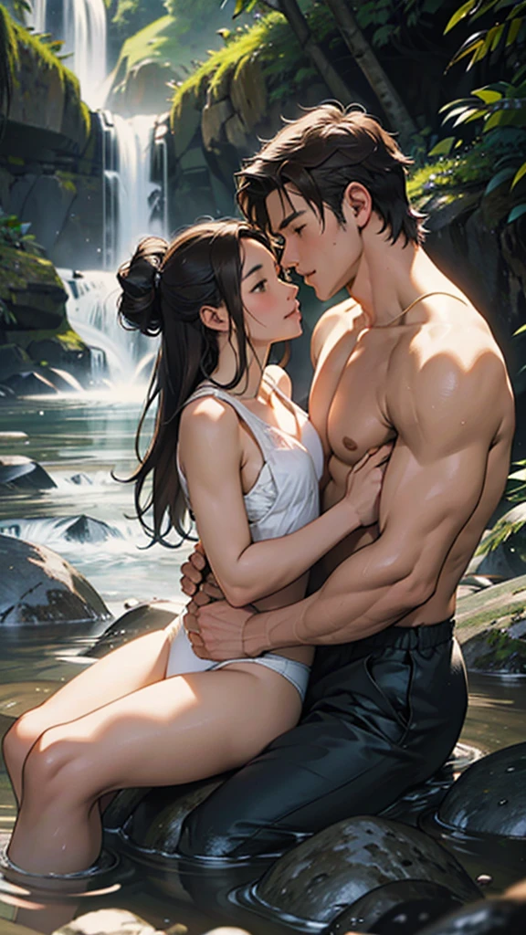 Romantic, intimate photograph featuring a couple seated on rocky terrain near a flowing stream. The woman, with long dark hair and fair skin and big hips, is wearing a white underwear and is seated on the man's lap. The man, with short light brown hair and fair skin, is shirtless and wearing dark swim trunks. They are embracing each other closely, with the woman gently holding the man's face and the man holding her waist. The background consists of large rocks and a small waterfall, creating a natural and serene setting. The overall tone of the image is warm and earthy, with soft lighting enhancing the intimate mood.