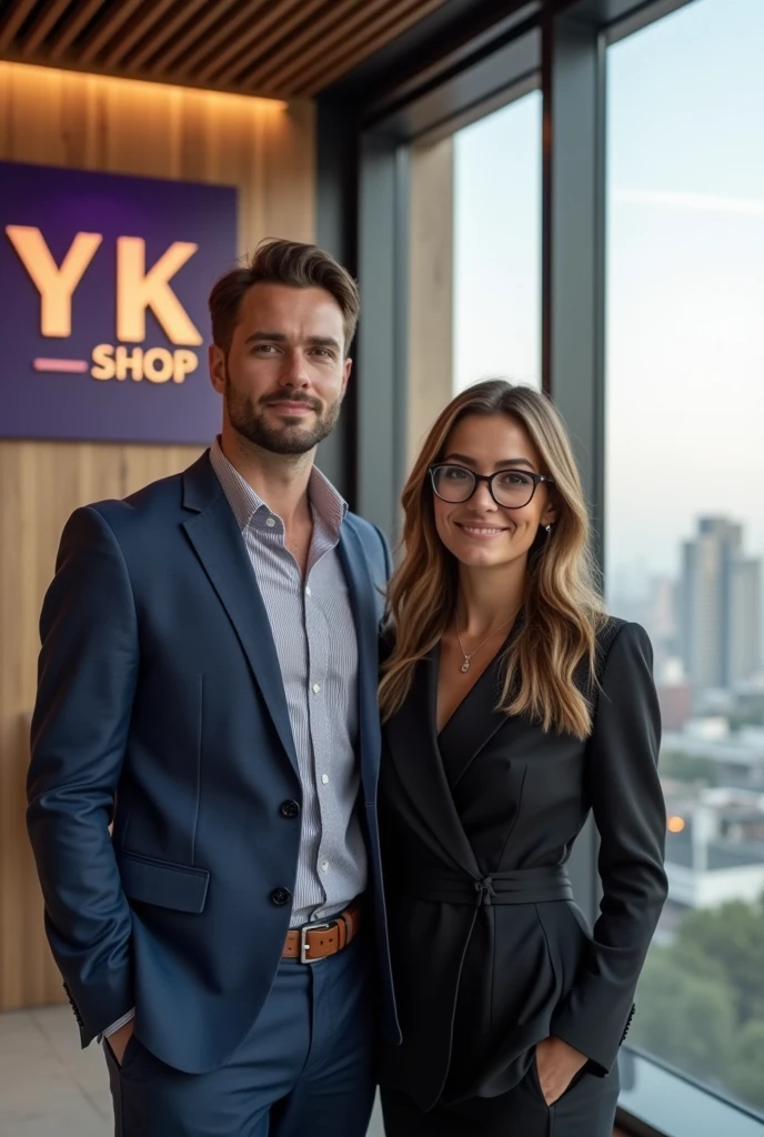 Give me an image in 9 format:16 of a young couple of 30 years, Colombian millionaire, owners of "YK Shop", a successful kitchen and home products company. The couple has an elegant and modern style, the one with short beard, brown hair and honey-colored eyes and she has light brown hair, with glasses and chubby cheeks with a little forehead, with high quality clothing and accessories. The scene takes place in a modern and sophisticated building with cutting-edge technology and panoramic views of the city.. The logo of "YK Shop" is visible on the wall, with a purple color palette, Orange and white reflecting wealth and exclusivity, and a modern, easy-to-read design. The image reflects the success, the sophistication and professionalism of the couple and their company.