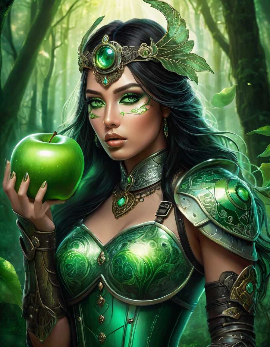 A stunningly realistic digital illustration of a beautiful female warrior in armor, featuring stunning facial features, a captivating green tattoo on her face, and long, dark hair that shimmers in the sunlight. She wears a green diadem in her hair and green boots and leggings. The armor is an opal steampunk-inspired design in green, covering her upper body. In her hand, she holds a massive transparent green apple, inside of which is a glowing green eye with large eyelashes. The scene features a double exposure, with a mysterious green forest visible behind her. This is a digital epic fantasy, combining elements of surrealism, fantasy, illustration, and dark fantasy., dark fantasy, illustration, Mysterious