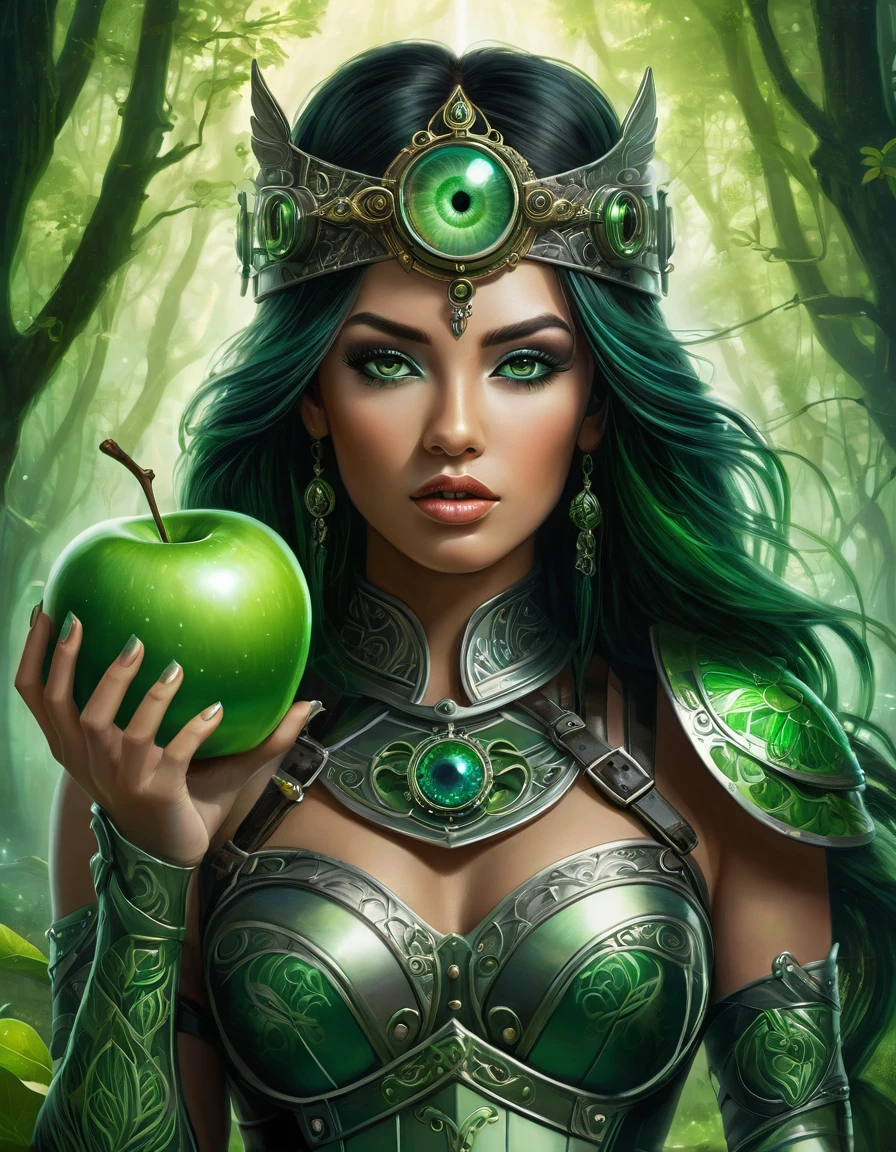 A stunningly realistic digital illustration of a beautiful female warrior in armor, featuring stunning facial features, a captivating green tattoo on her face, and long, dark hair that shimmers in the sunlight. She wears a green diadem in her hair and green boots and leggings. The armor is an opal steampunk-inspired design in green, covering her upper body. In her hand, she holds a massive transparent green apple, inside of which is a glowing green eye with large eyelashes. The scene features a double exposure, with a mysterious green forest visible behind her. This is a digital epic fantasy, combining elements of surrealism, fantasy, illustration, and dark fantasy., dark fantasy, illustration, Mysterious