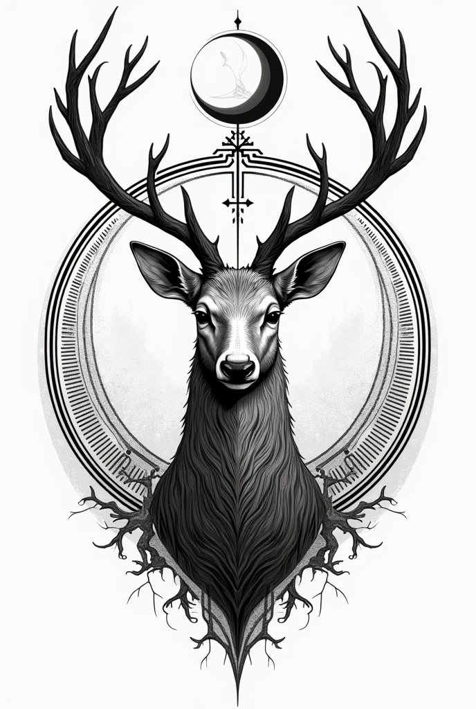 Goddess Artemis deer logo in mandala style with inverted crescent moon on top of antlers in black and white
