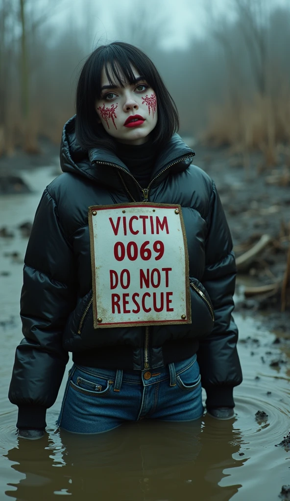 woman, bib "VICTIM 0069 DO NOT RESCUE", moncler ultra-short sporty collar only down jacket, flared jeans, stuck in mud bog,pale ethnic patterns ritual makeup, cold, red lips, sexy posing, bob haircut
