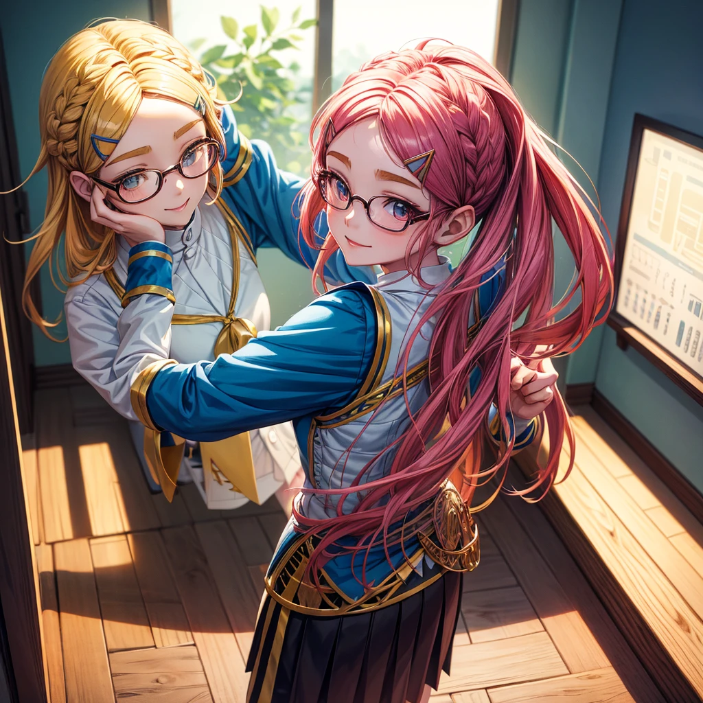 Anime girl, playful pose, wearing a Korean school uniform, round glasses, long flowing hair, elegant, hairpin on the right side, looking sweet and cute, standing in a classroom or hallway, soft lighting, detailed art, vibrant colors, charming smile, youthful and energetic, clean and tidy uniform, natural expression