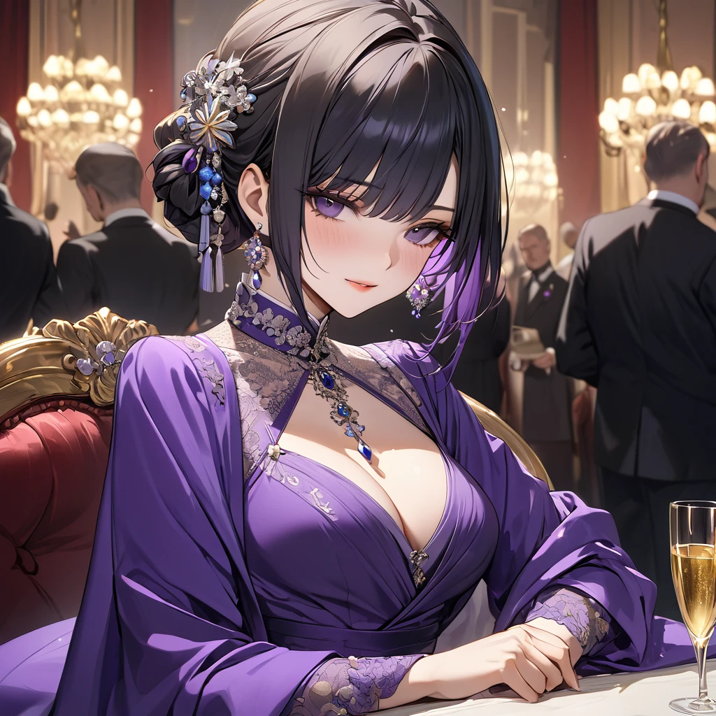 ((Highest quality)), ((masterpiece)), (detailed), （Perfect Face）、The woman is Shinobu Kocho, a Russian with black hair in a purple gradient bob style, tied up in a formal evening hairstyle.、The woman is a member of the United Russia party and is beautifully dressed in the fine attire and luxurious accessories appropriate for a party member.、She is a member of the Great United Russia Party and worships the Great Russian leader.