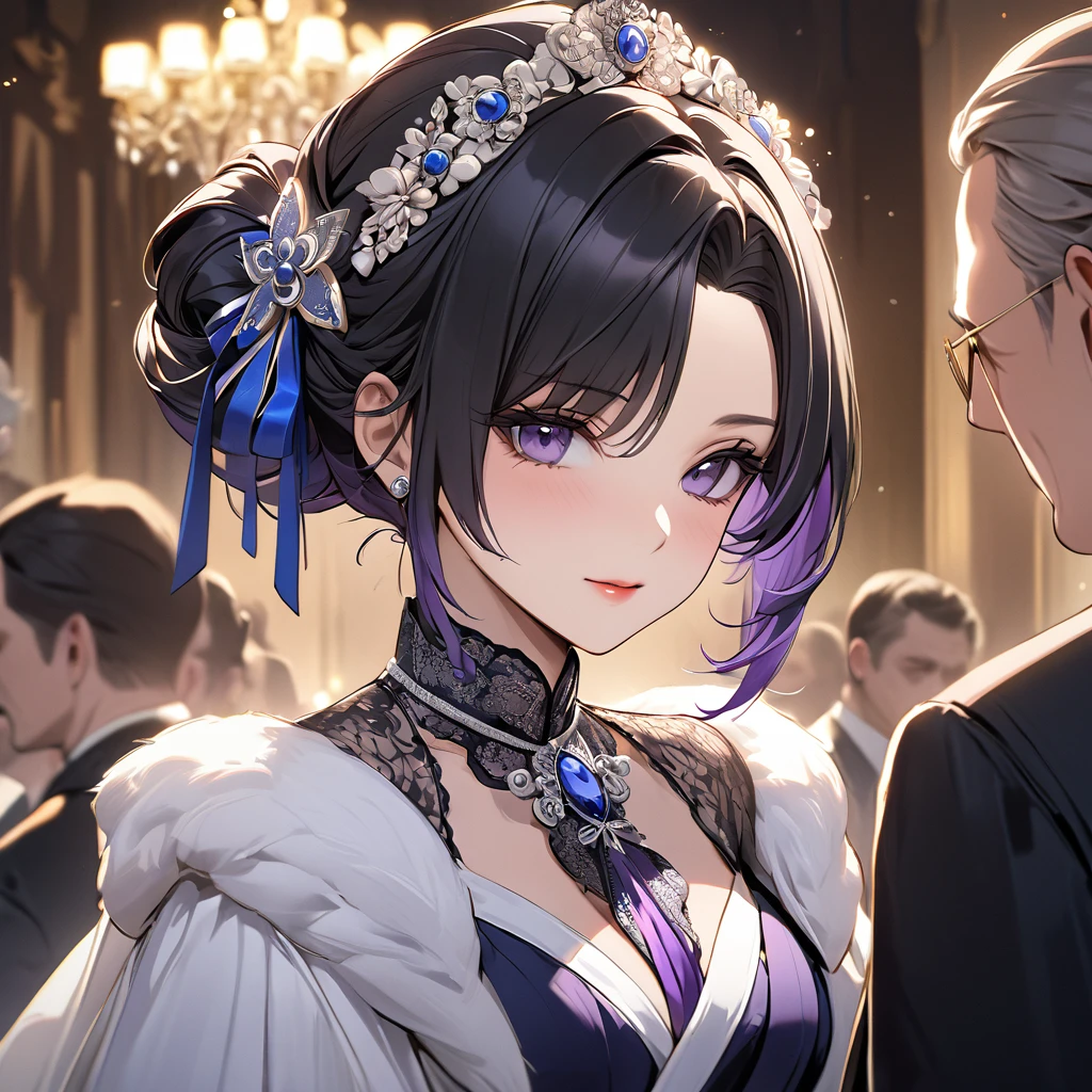 ((Highest quality)), ((masterpiece)), (detailed), (Perfect Face)、The woman is Shinobu Kocho, a Russian with black hair in a purple gradient bob style, tied up in a formal evening hairstyle.、The woman is a member of the United Russia party and is beautifully dressed in the fine attire and luxurious accessories appropriate for a party member.、She is a member of the Great United Russia Party and worships the Great Russian leader.