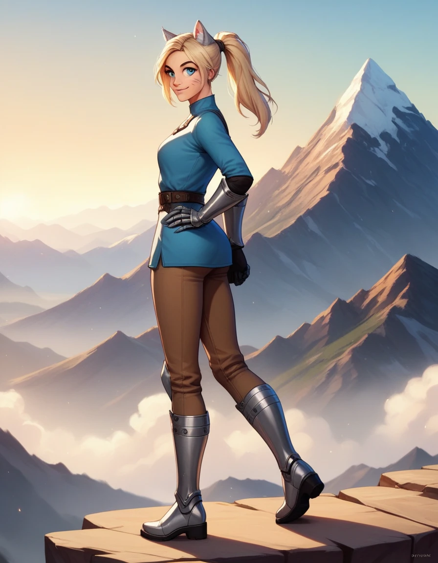Solo, score_9,score_8_up,score_7_up, score_6_up, score_5_up,source_anime, human, Kat, blue eyes, black whisker marks on face, silver grey cat ears, blonde hair, hair in ponytail, wearing blue tunic, brown pants, leather gauntlets, adventuring gear, leather boots, big smile, on a mountain pass trail, standing, on a mountain, side view