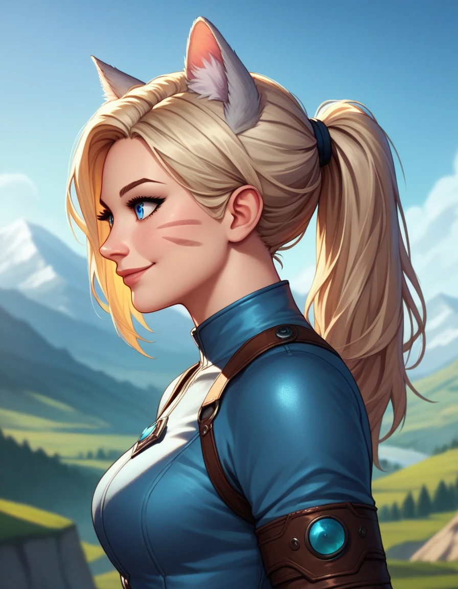 Solo, score_9,score_8_up,score_7_up, score_6_up, score_5_up,source_anime, human, Kat, blue eyes, black whisker marks on face, grey cat ears, blonde hair, hair in ponytail, wearing blue tunic, brown pants, leather gauntlets, adventuring gear, leather boots, big smile, on a mountain pass trail, standing, on a mountain, side view