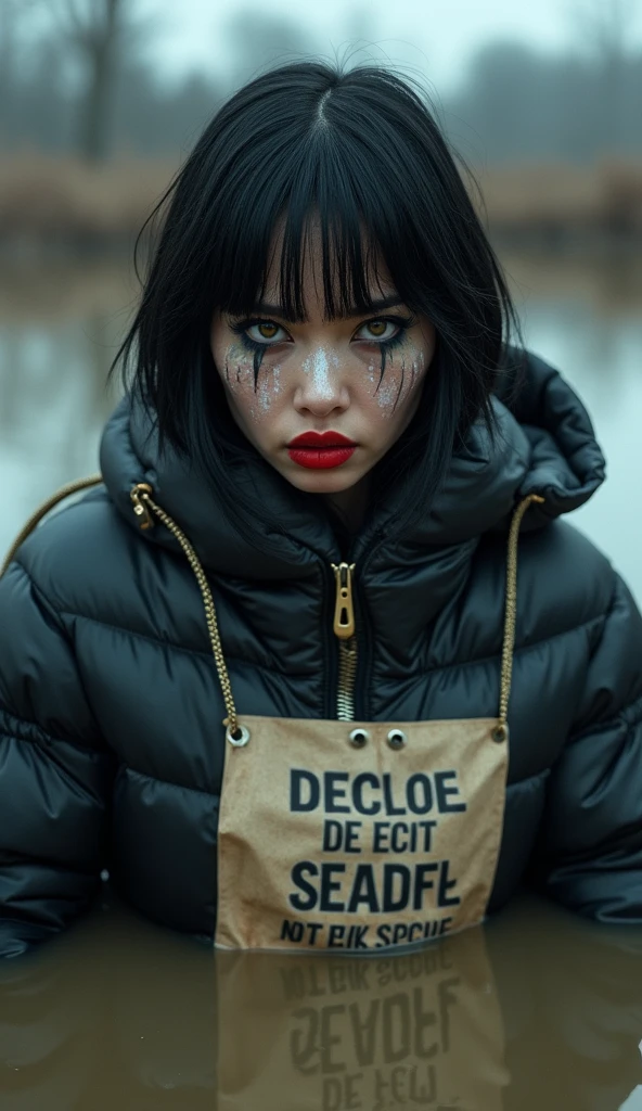 close-up,woman, bib "VICTIM 0069 DO NOT RESCUE", moncler ultra-short sporty collar only down jacket, flared jeans, stuck in muddy bog,pale ethnic patterns ritual makeup, cold, red lips, sexy posing, bob haircut
