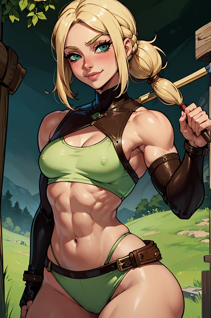 a (((small chested girl))) with ((muscular body)),faint six pack,wide hips,thick thighs,blonde hair,green eyes,medieval background,((light leather armor)),smiling,heavy blush,pigtails, (((longbow)))