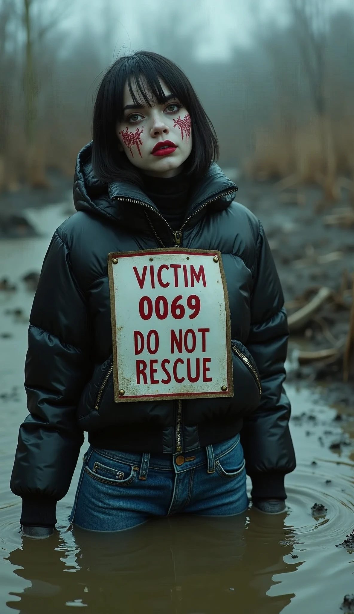 woman, bib "VICTIM 0069 DO NOT RESCUE", moncler ultra-short sporty collar only down jacket, muddy flared jeans, stuck in mud bog,pale ethnic patterns ritual makeup, cold, red lips, sexy posing, bob haircut, red fog, blue, green, posing, dynamic, sexy despair