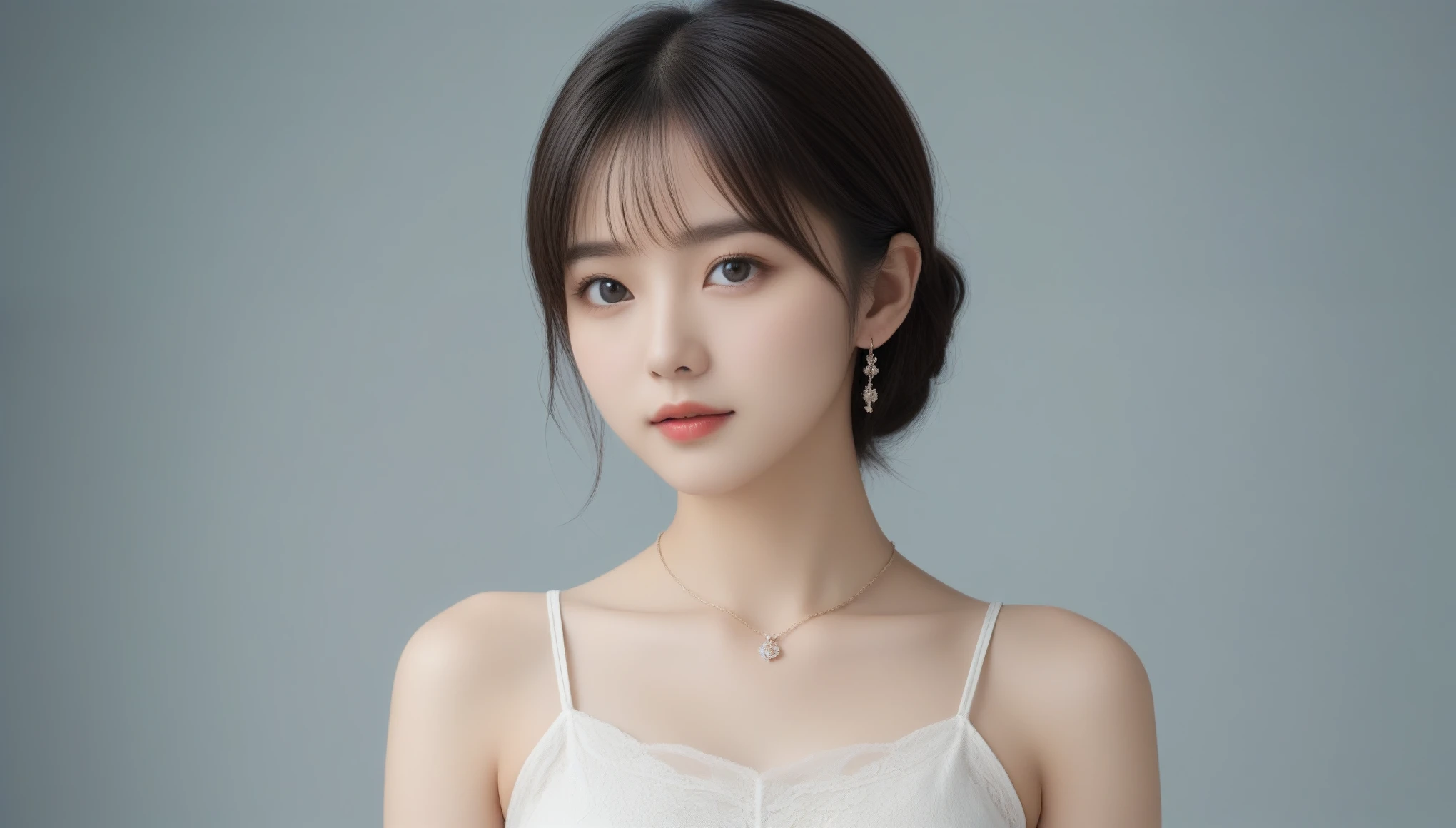 8k, Ultra-high resolution, Highest quality, masterpiece, 三分割法によるphotograph,Surreal, photograph, 1 Girl, (16 years old:1.3), pretty girl, Cute Face, 細部までBeautiful Eyes, 細かくdetailedに,masterpiece,One Girl:1.2,Japan Female Teachers,cowboy shot,Serious expression,Black Hair,Bowl cut,Super Beautiful Girl 4,((1 girl:1.4)),Shine, Natural skin texture、(Stylish clothes:1.4)、(The highest rank of ceremonial attire:1.4)、Formal wear,Attractive girl、16 years old、(Perfect female body:1.4)、(女の子のポートレートphotograph:1.4)、(Photorealistic images:1.4),Fantasy art,(Beautiful Face:1.4),Beautiful and attractive eyes、Beautiful Eyes、(Tight waist:1.4)、(9 Beautiful girls with perfect body proportions:1.4),Red lips,(choker:1.4、necklace:1.4、Earrings:1.4),Looking at the audience,(((Ideal body type))),A-cup small breasts :2,、Portraiture:2、Perfect Anatomy、鮮明なdetailed、detailed,Fashion magazine cover,Thin lips,Gray background ,完璧でBeautiful Face ,完璧でCute Face, Skin with attention to detail, Perfect limbs、Narrow waist,Looking at the audience,(((Ideal body type))),A cup small breasts :2,Portraiture:2,Perfect Anatomy,鮮明なdetailed,detailed,Surreal,Light and shadow,spotlight