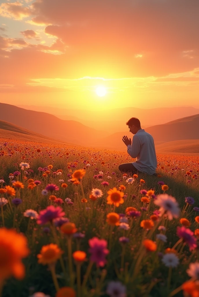 A serene scene of a sunset over a field of flowers, with a person kneeling in prayer. 4k image realistc image